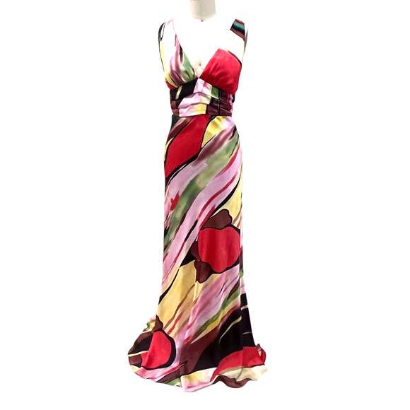 VTG Y2K Akira Satin Multi color Halter Dress Long flowy Size Medium - Picture 2 of 10